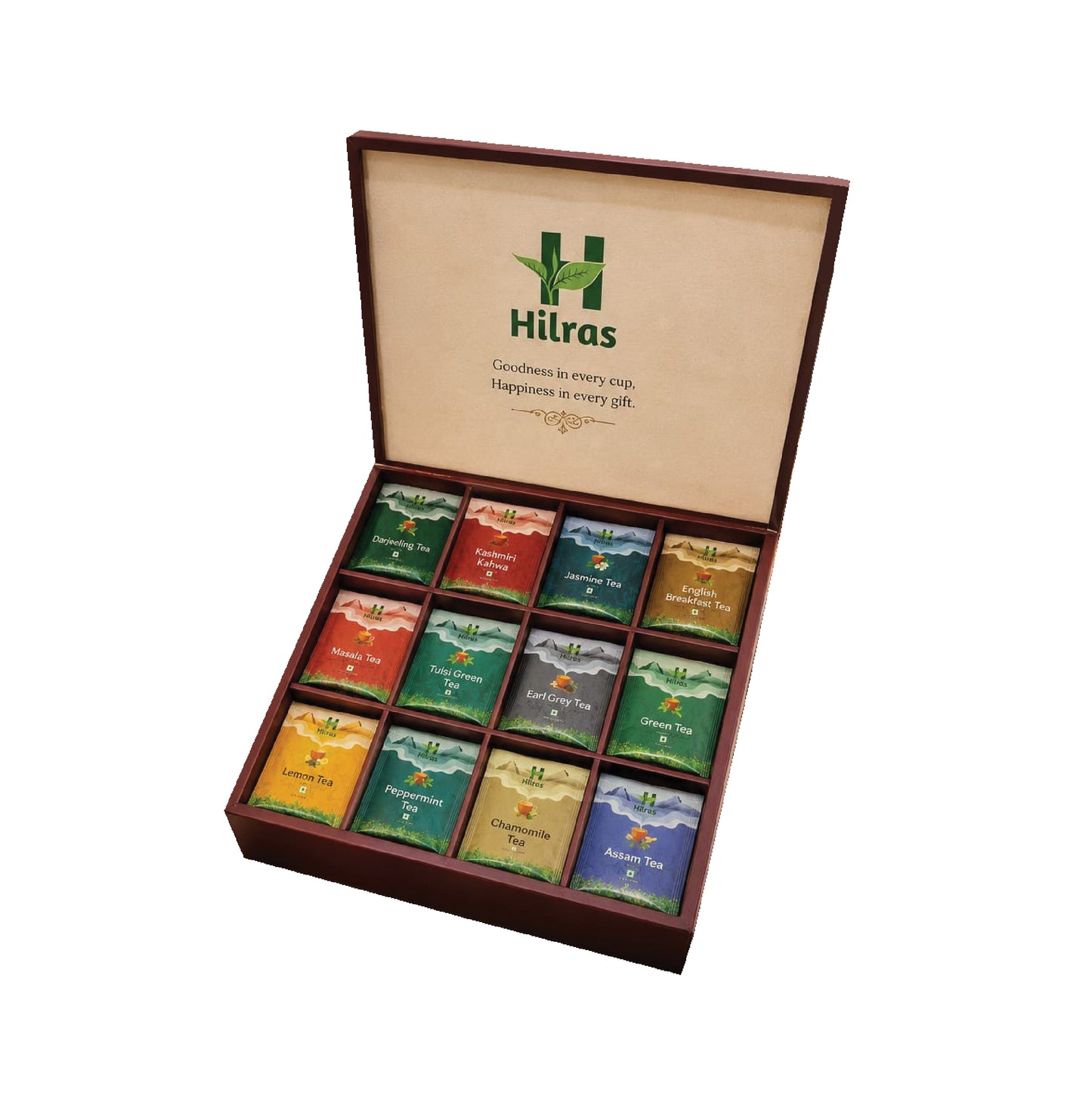 Hilras Royal Treasure Tea Gift Box – 60 Tea Bags (12 Unique Flavours × 5 Pcs) in Premium Wooden Keepsake Chest | Luxury Corporate, Festive & Connoisseur Tea Gift Set