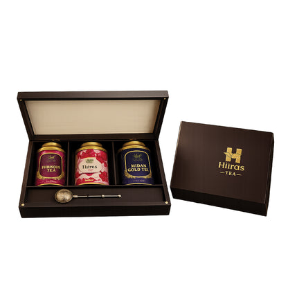 Hilras Signature Luxury Wooden Tea Chest Gift Box | 3 Premium Whole Leaf Loose Teas with Stainless Steel Infuser | Handcrafted Keepsake Corporate & Festive Gift Set