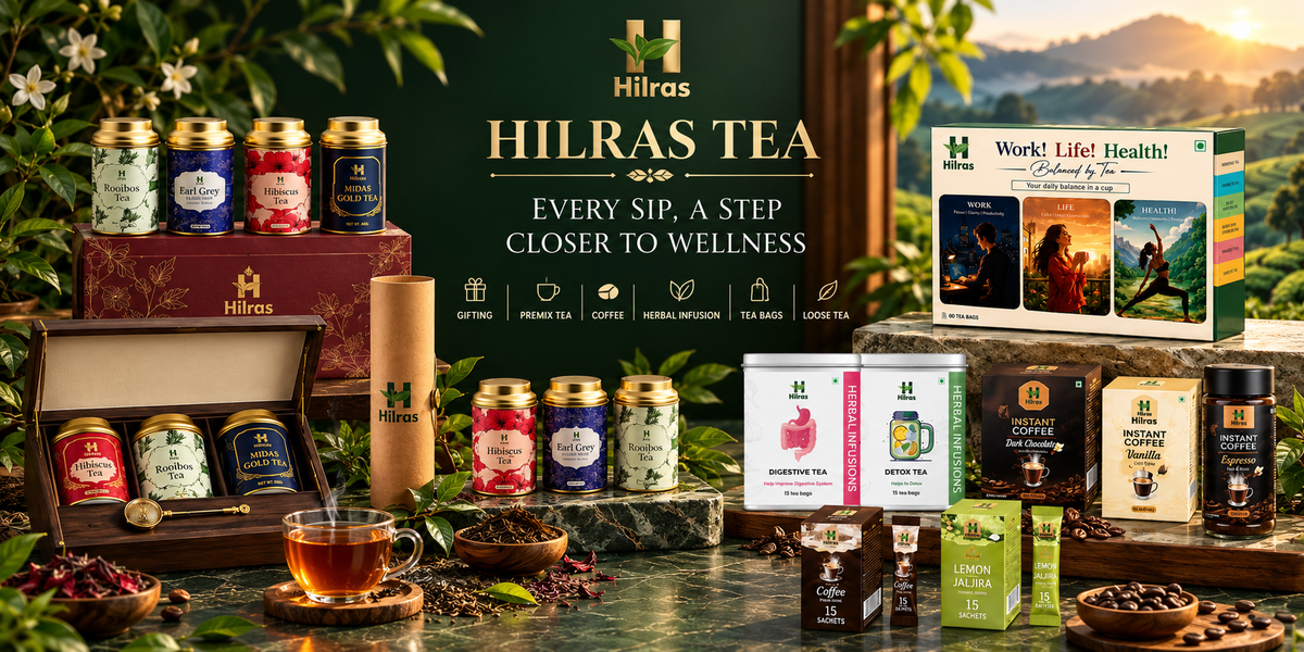 Hilras Tea collection featuring premium tea tins, gift boxes, herbal infusions, tea bags, premix tea and instant coffee products.