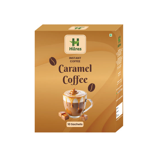 Hilras Gourmet Caramel Instant Coffee Box | 10 Sachets (20g) | Pure Aromatic Roast with Buttery Caramel Notes | Hot & Iced Latte Mix