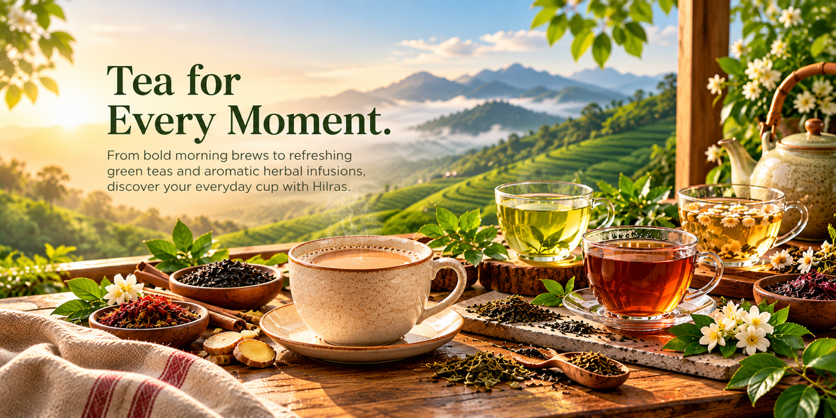 Hilras tea experience featuring freshly brewed milk chai, refreshing green tea and aromatic herbal infusions against a scenic tea garden backdrop.
