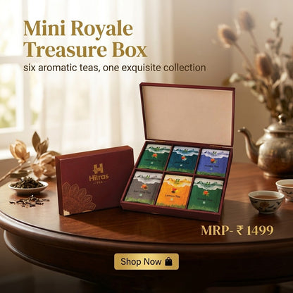 Hilras Mini Royal Treasure, a curated collection of 30 premium Prinum tea pieces presented in a beautiful wooden chest