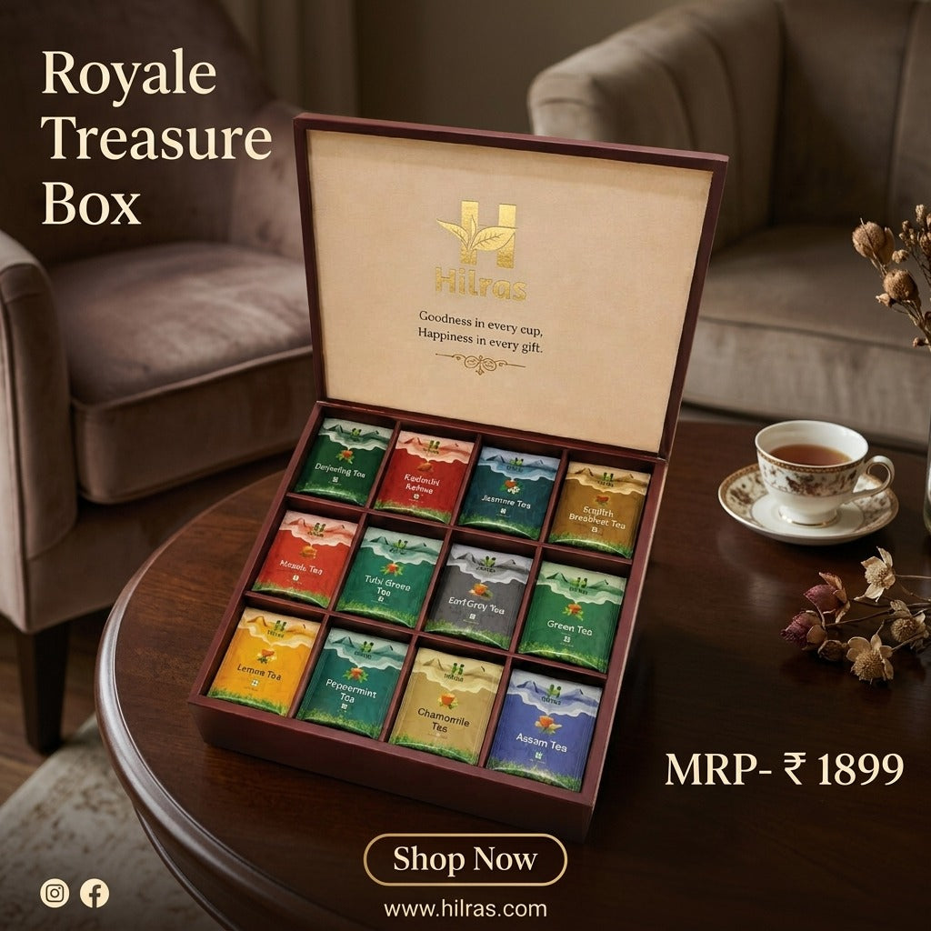 Hilras Royal Treasure Tea Gift Box – 60 Tea Bags (12 Unique Flavours × 5 Pcs) in Premium Wooden Keepsake Chest | Luxury Corporate, Festive & Connoisseur Tea Gift Set
